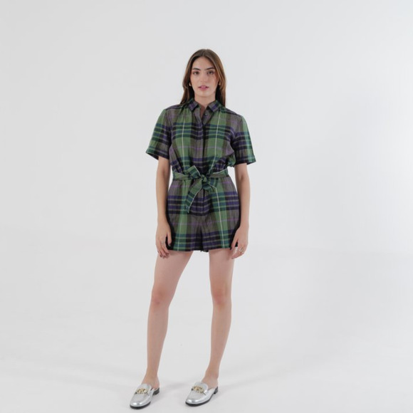 SANDRO Paris Women's Romper Playsuit Linen Cotton Green Plaid sz 1 - Picture 1 of 13